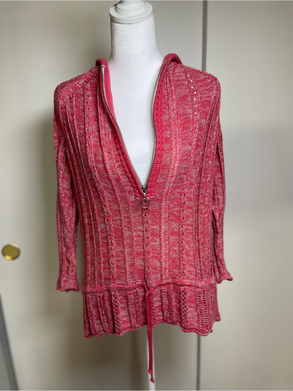 DKNY Coral Pink Hooded V-Neck Half-Zip Sweater - Picture 2 of 5